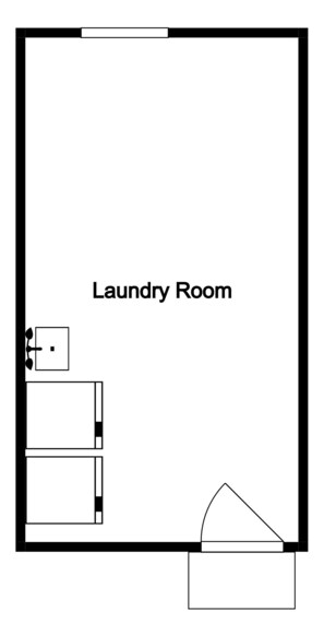 A floor plan of a laundry room with a sink, a small storage area, and a trash bin.
