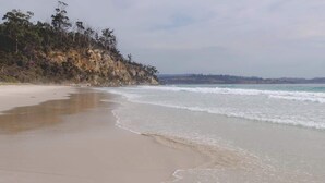 A beach with a sandy shore and a rocky cliff in the background. - Hidden Spring Beach S (Spring Beach)
