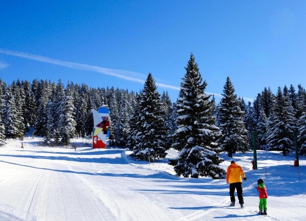 Un paysage enneigé avec une piste de ski, des arbres et une sculpture aux couleurs vives.