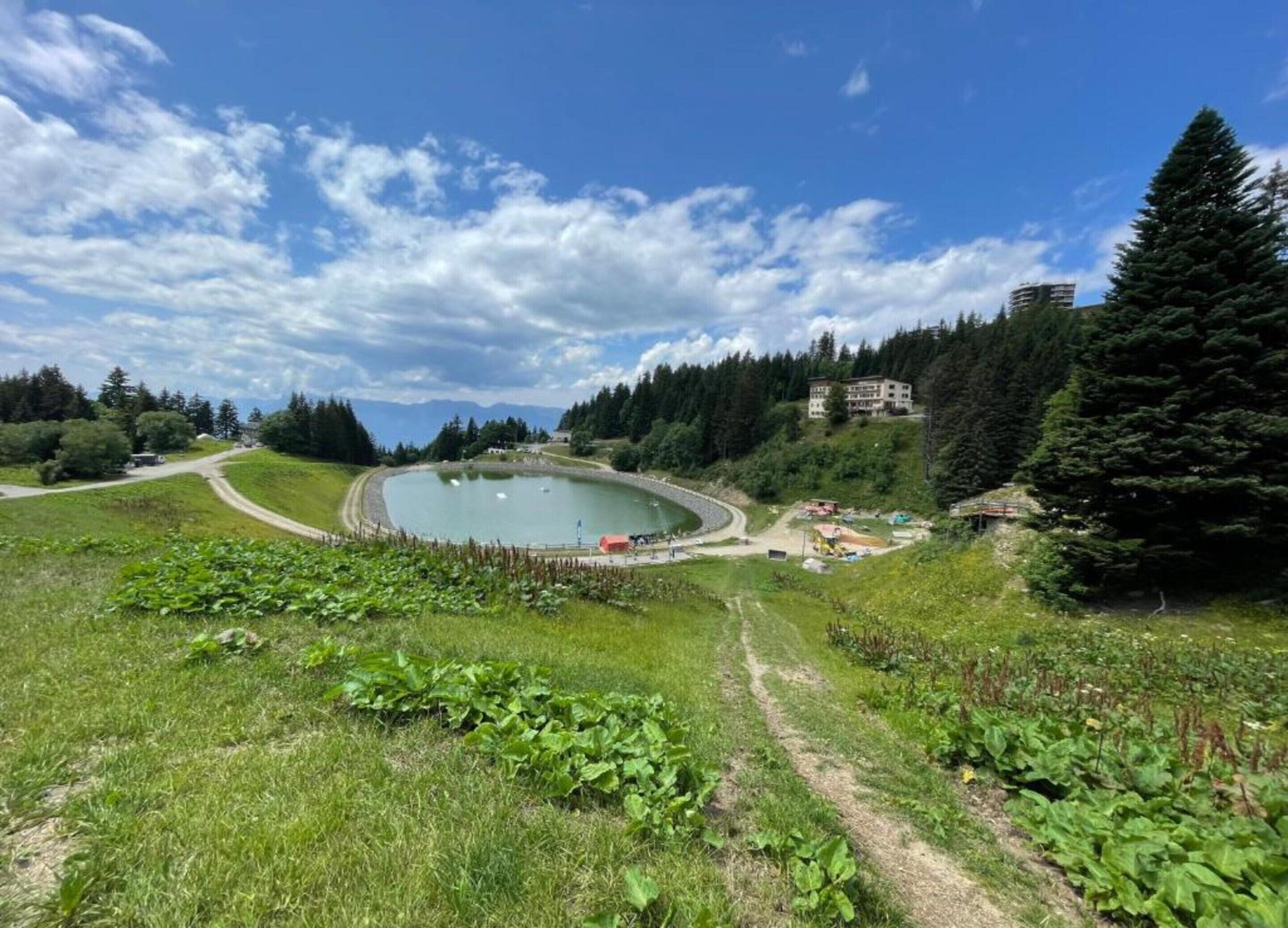 Ein See, umgeben von viel Grün und Gebäuden, mit blauem Himmel.