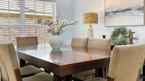 One dining table has seating for 6–perfect for a more formal meal, or a really intense game of Monopoly. 