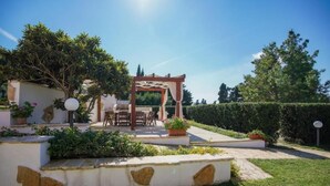 Uma área de pátio com pérgola, móveis de exterior e plantas em vasos.