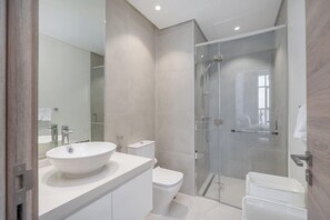 Shower, hair dryer, towels