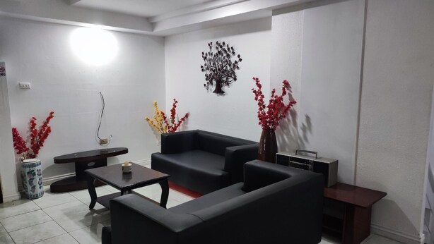 A living room with a black sofa, a coffee table, and two side tables. There are decorative plants and a wall-mounted art piece. - Parkview Hotel (Cagayan de Oro)