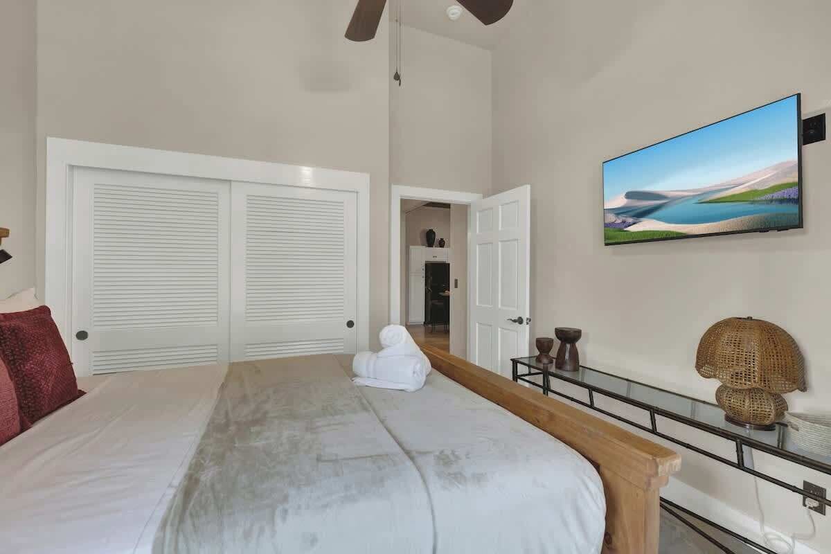 A bedroom with a large bed, white closets, a flat-screen TV, and a view of a landscape painting.