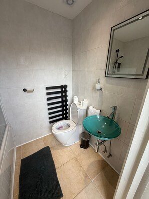 Sèche-cheveux, serviettes fournies, savon, papier toilette