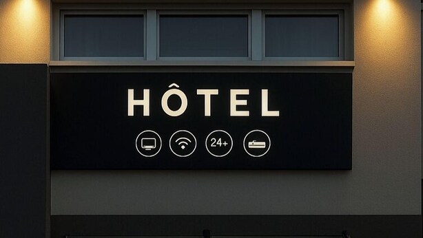 A hotel sign with "Unisotel" and "HOTEL" text, along with icons for Wi-Fi, 24-hour service, and a parking symbol. - Unisotel (Bron)