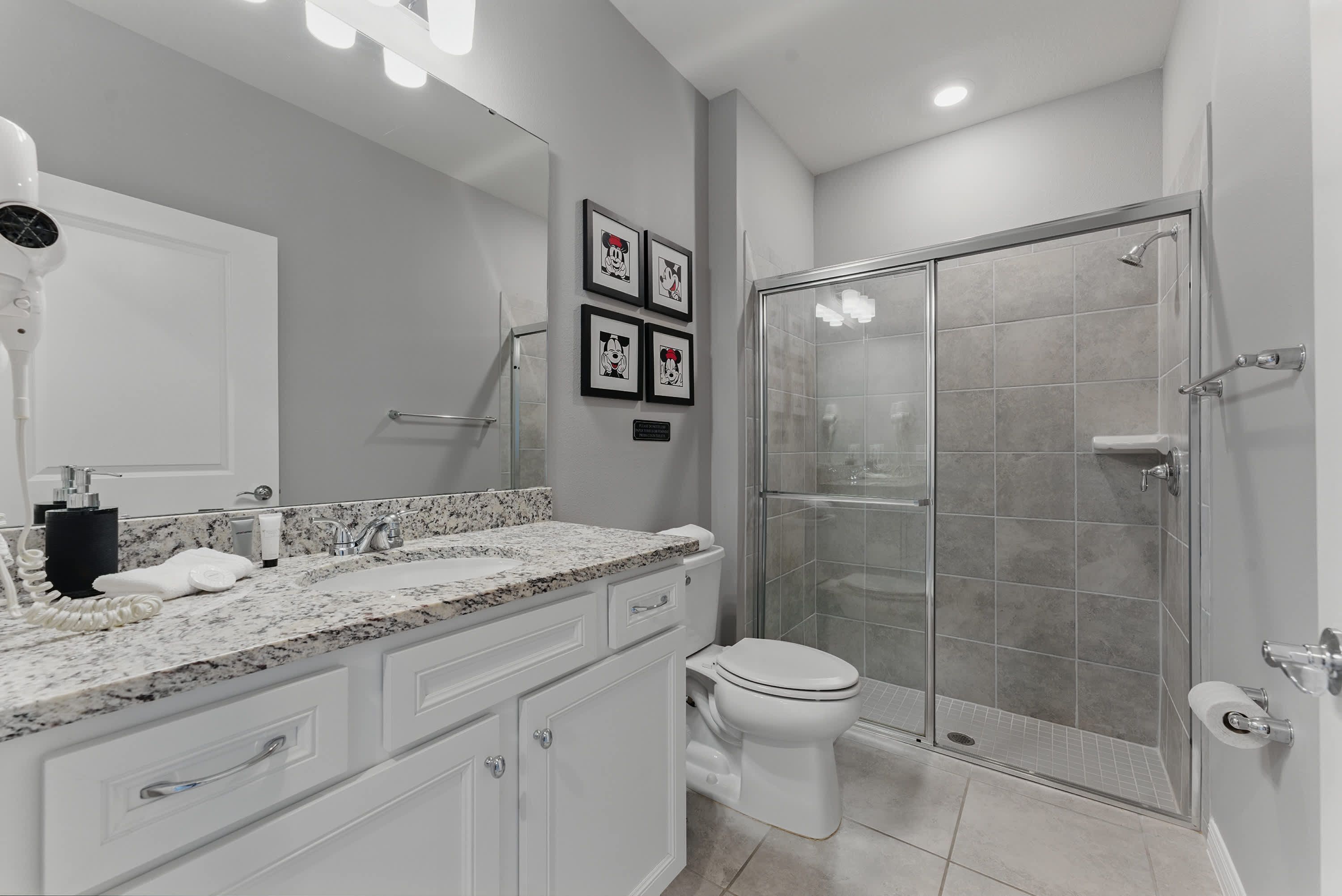 A modern bathroom with a granite countertop, a toilet, a shower enclosure, and framed pictures on the wall.