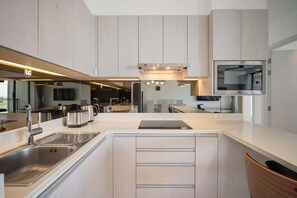Fridge, microwave, toaster, cookware/dishes/utensils