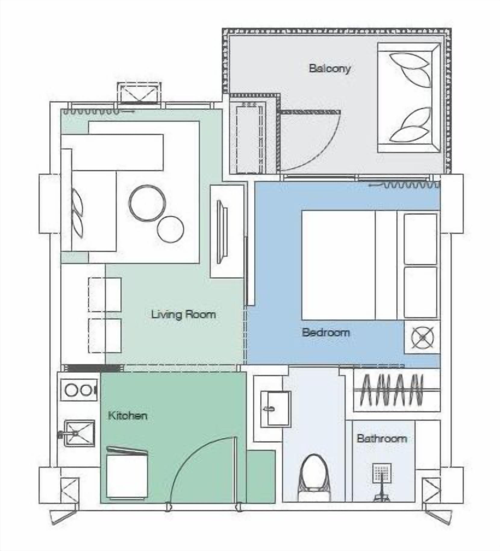 A floor plan with a living room, kitchen, balcony, bedroom, and bathroom.