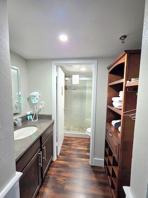 Shower, hair dryer, towels, soap