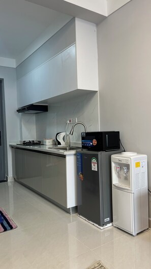 Fridge, microwave, electric kettle, cookware/dishes/utensils