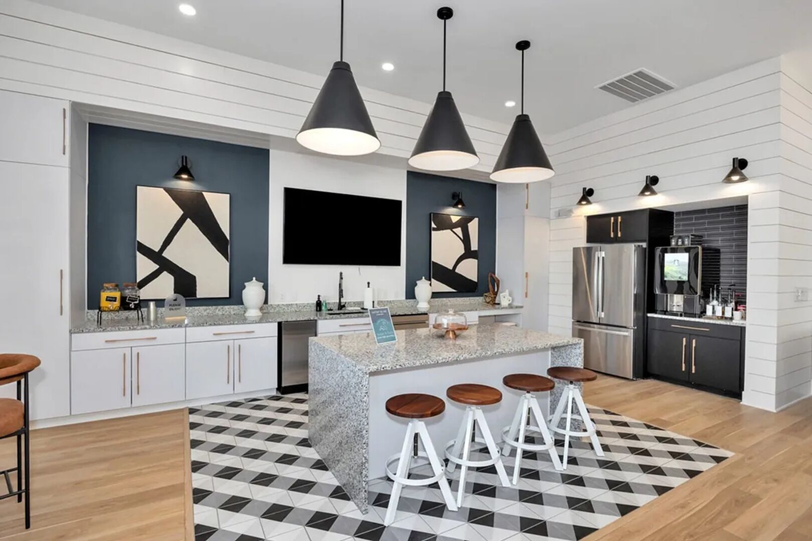 Fridge, dining tables