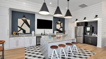 Fridge, dining tables