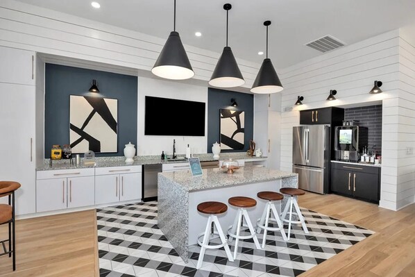 Fridge, dining tables