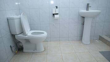 A bathroom with a toilet, sink, and toilet paper dispenser.