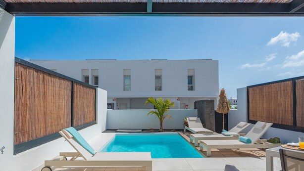 Un área de piscina exterior moderna con sillones reclinables y una palmera.