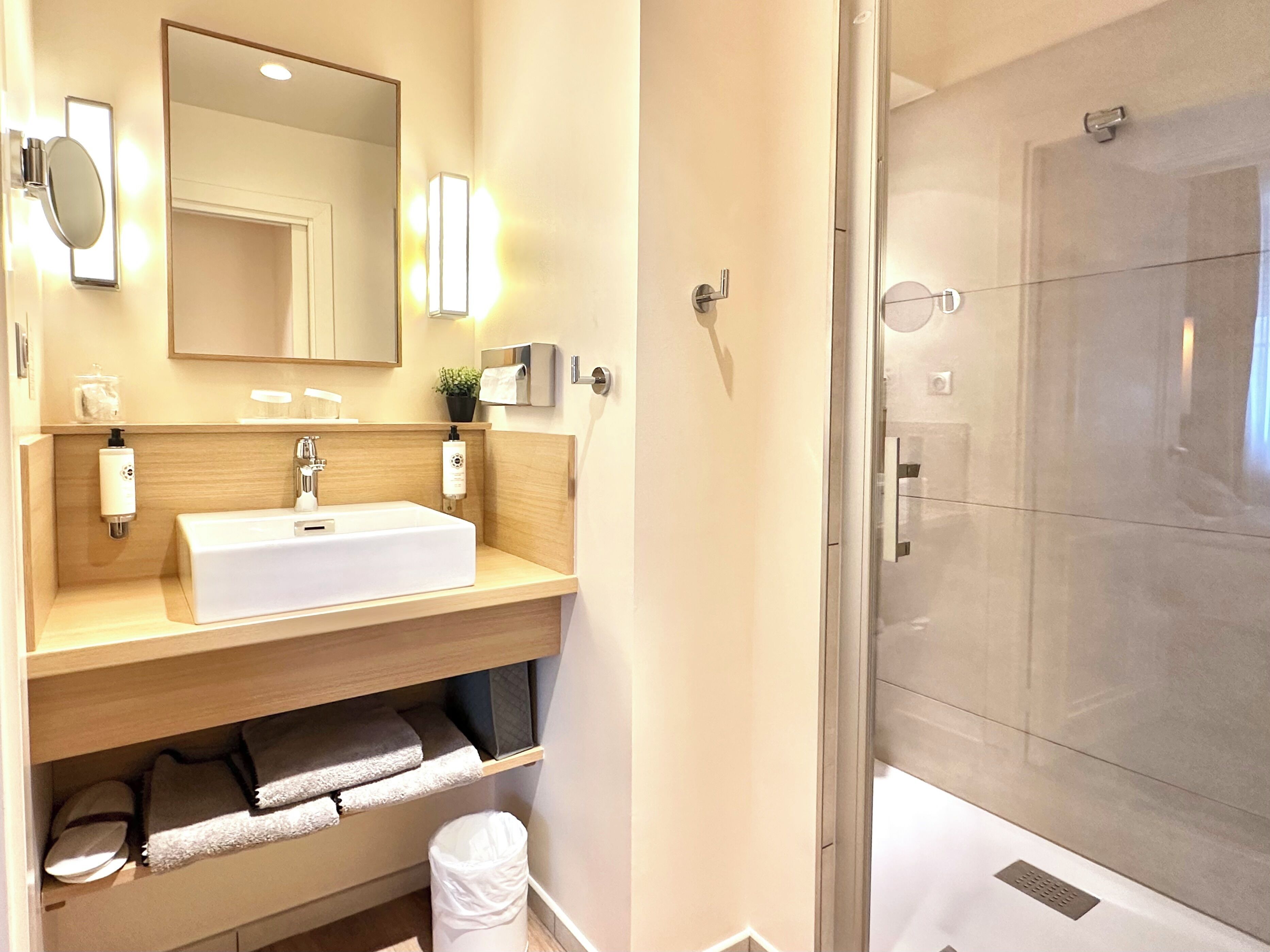 A modern bathroom with a large sink, mirror, and a glass-enclosed shower.