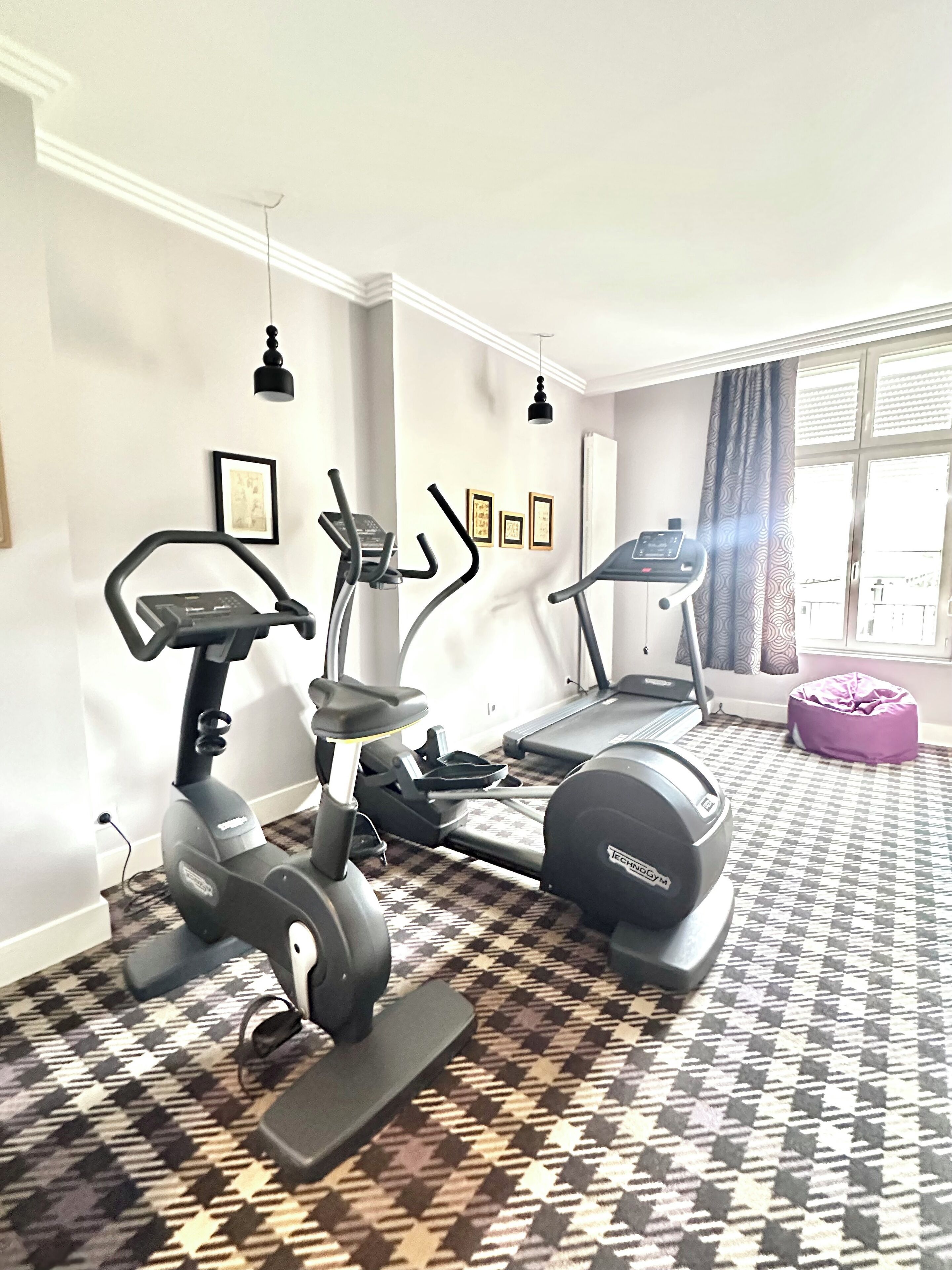 A home gym with two treadmills and an elliptical machine, a patterned carpet, a purple bean bag, and a window with curtains.