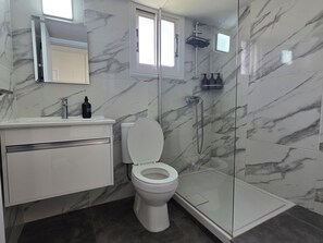 Shower, towels, soap, toilet paper