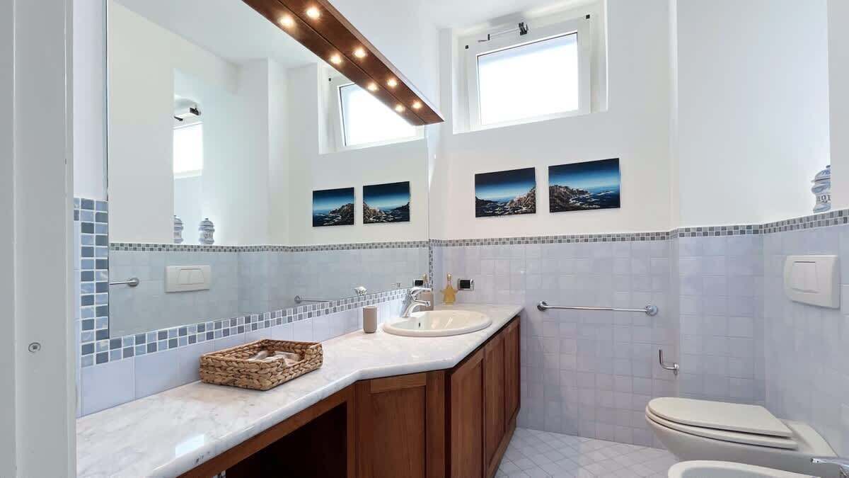 A modern bathroom with a large mirror, two sinks, a toilet, and a shower.