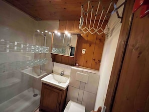 Shower, hair dryer, towels, toilet paper