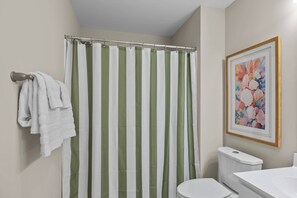 Shower, hair dryer, towels