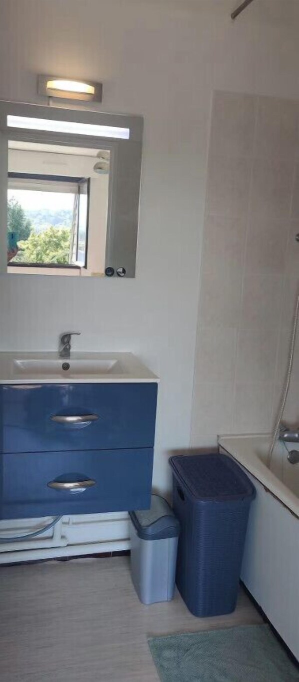 Une salle de bain avec un lavabo, un miroir et une douche. On y trouve une poubelle et un petit tapis sur le sol.