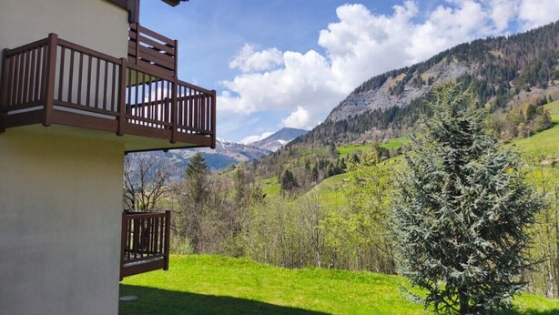 A balcony with a view of a green valley and mountains. - Apartment with pool at the foot of the slopes (Flumet)