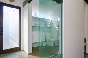 Shower, hair dryer, towels, soap