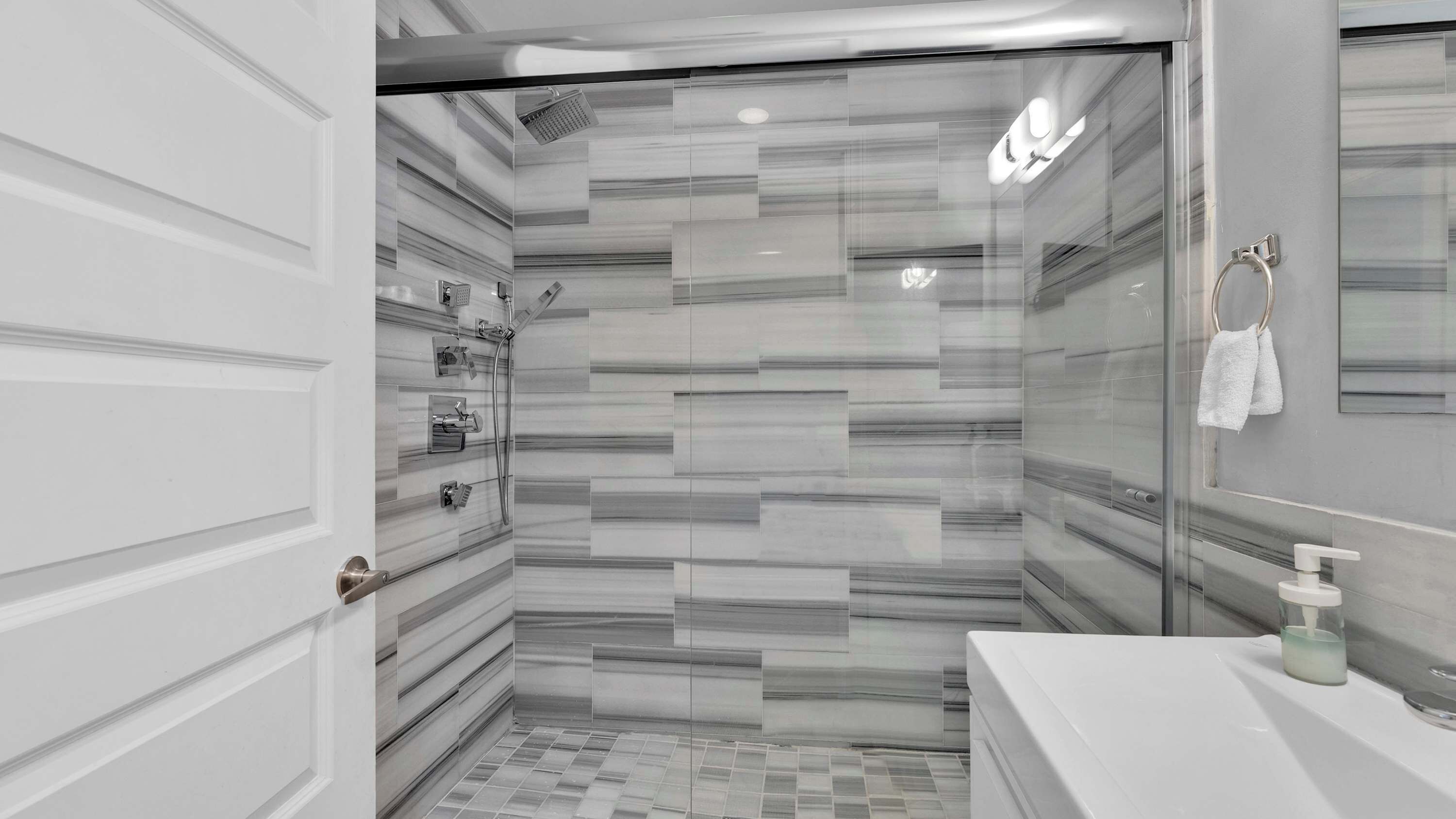 Shower, hair dryer, shampoo