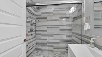 Shower, hair dryer, shampoo