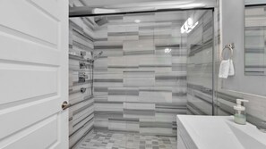 Shower, hair dryer, shampoo