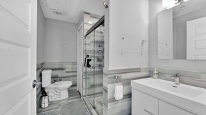 Shower, hair dryer, shampoo
