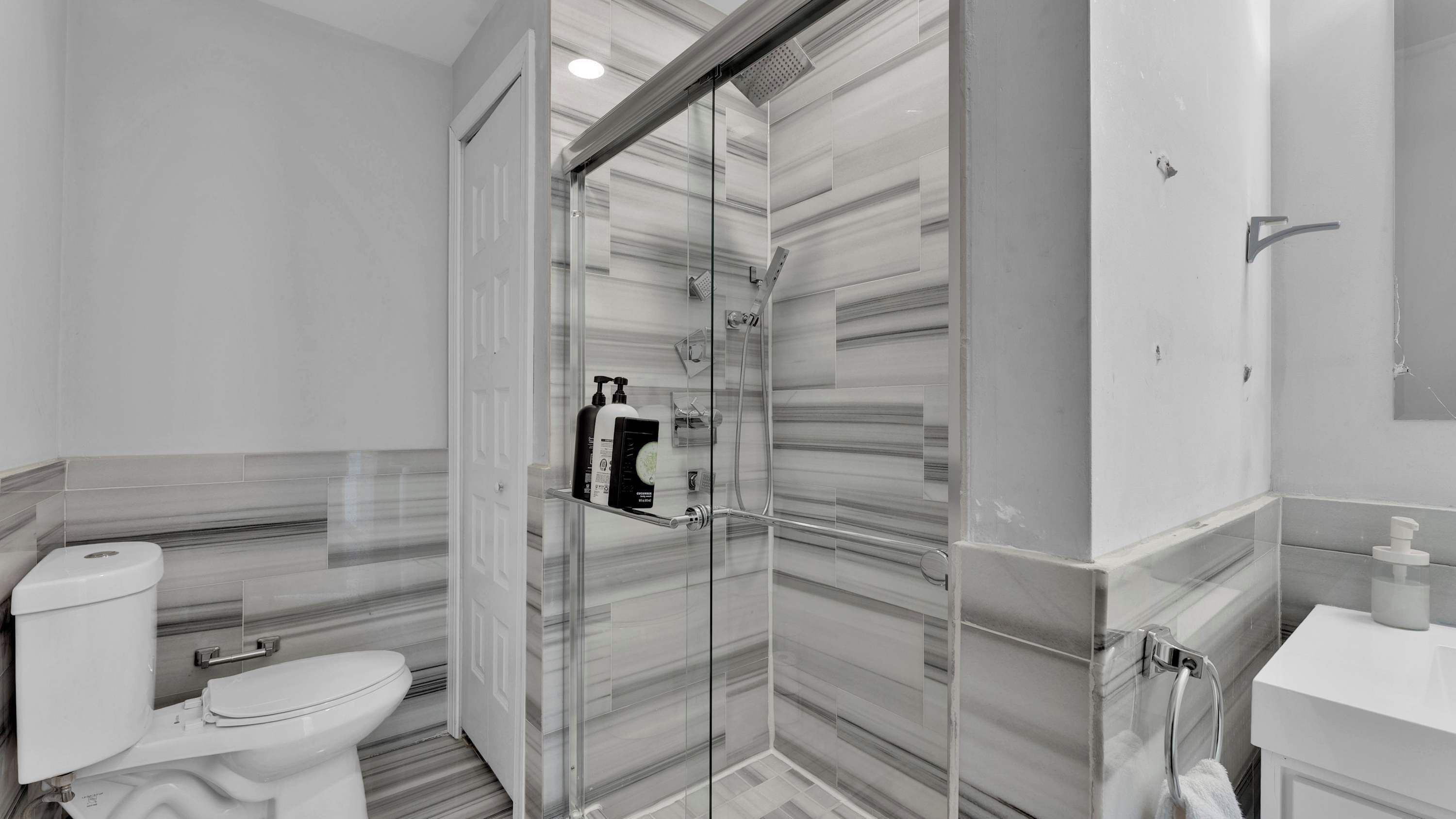 Shower, hair dryer, shampoo