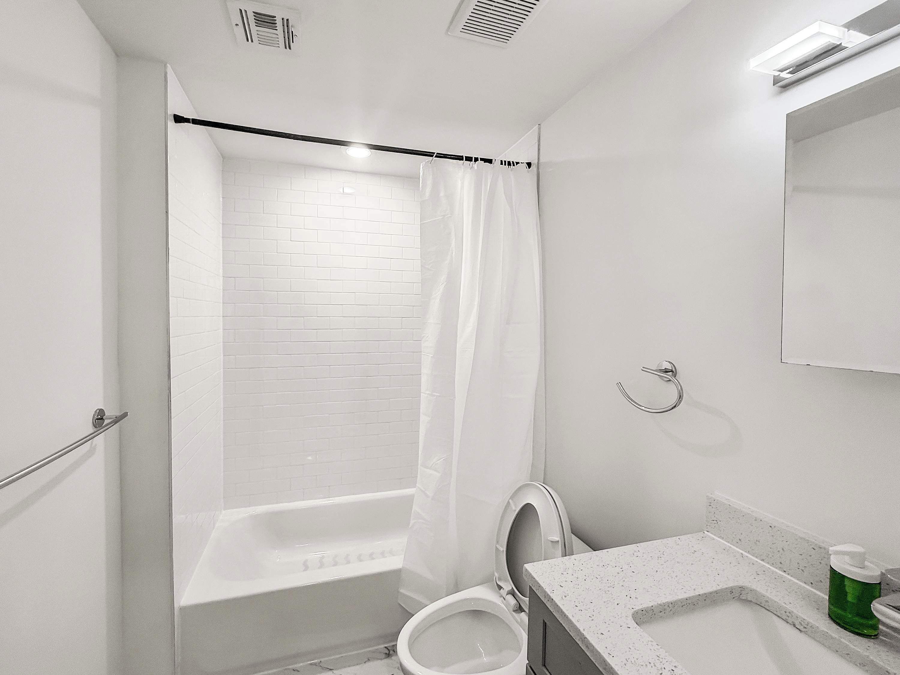 Shower, hair dryer, shampoo