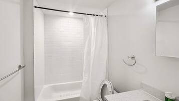 Shower, hair dryer, shampoo