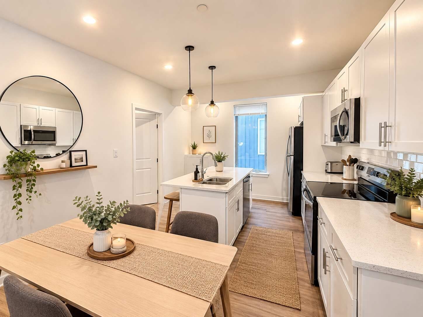 A modern kitchen with white cabinetry, a central island, and a dining area with a table and chairs.