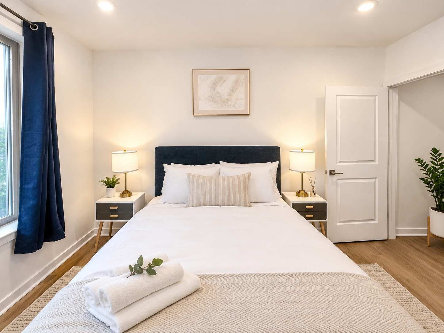 A hotel room with a bed, bedside tables, a window with curtains, a door, and a potted plant.