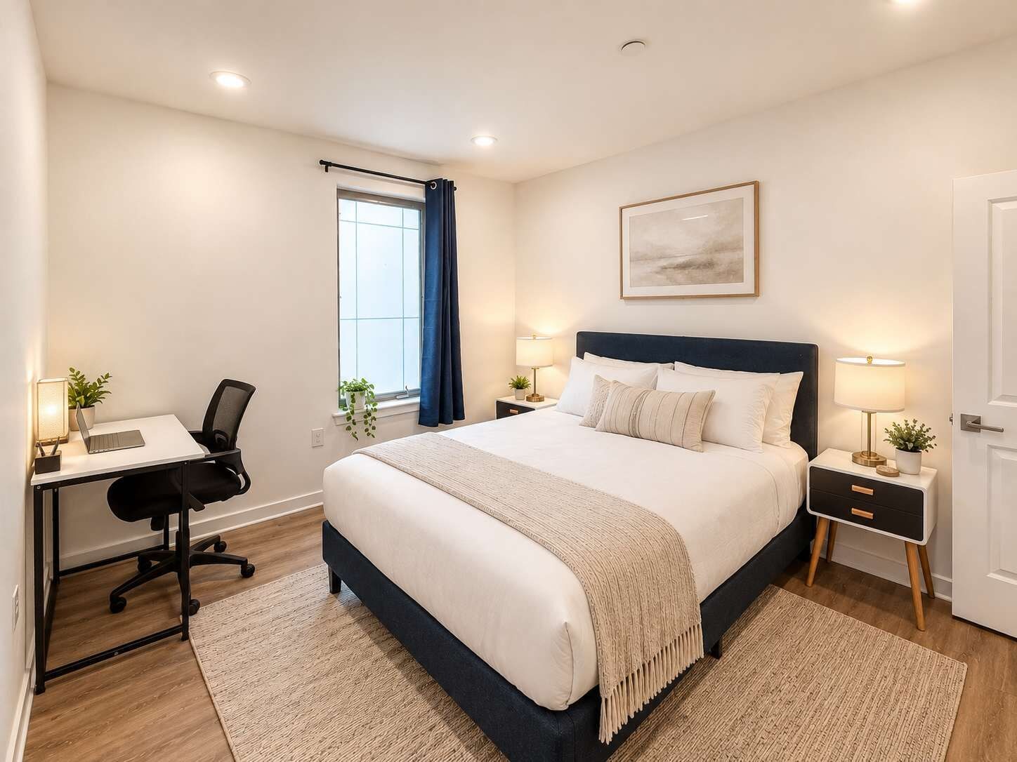 Un dormitorio moderno con cama, escritorio y silla, una ventana con cortinas y un cuadro en la pared.