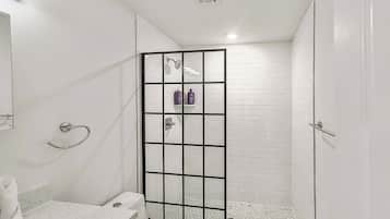 Shower, hair dryer, shampoo