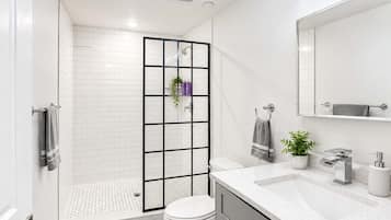 Un baño moderno con cabina de ducha de vidrio, inodoro blanco, lavamanos con espejo y una planta en maceta.