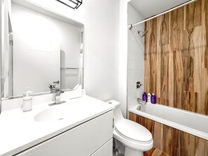 Shower, hair dryer, shampoo