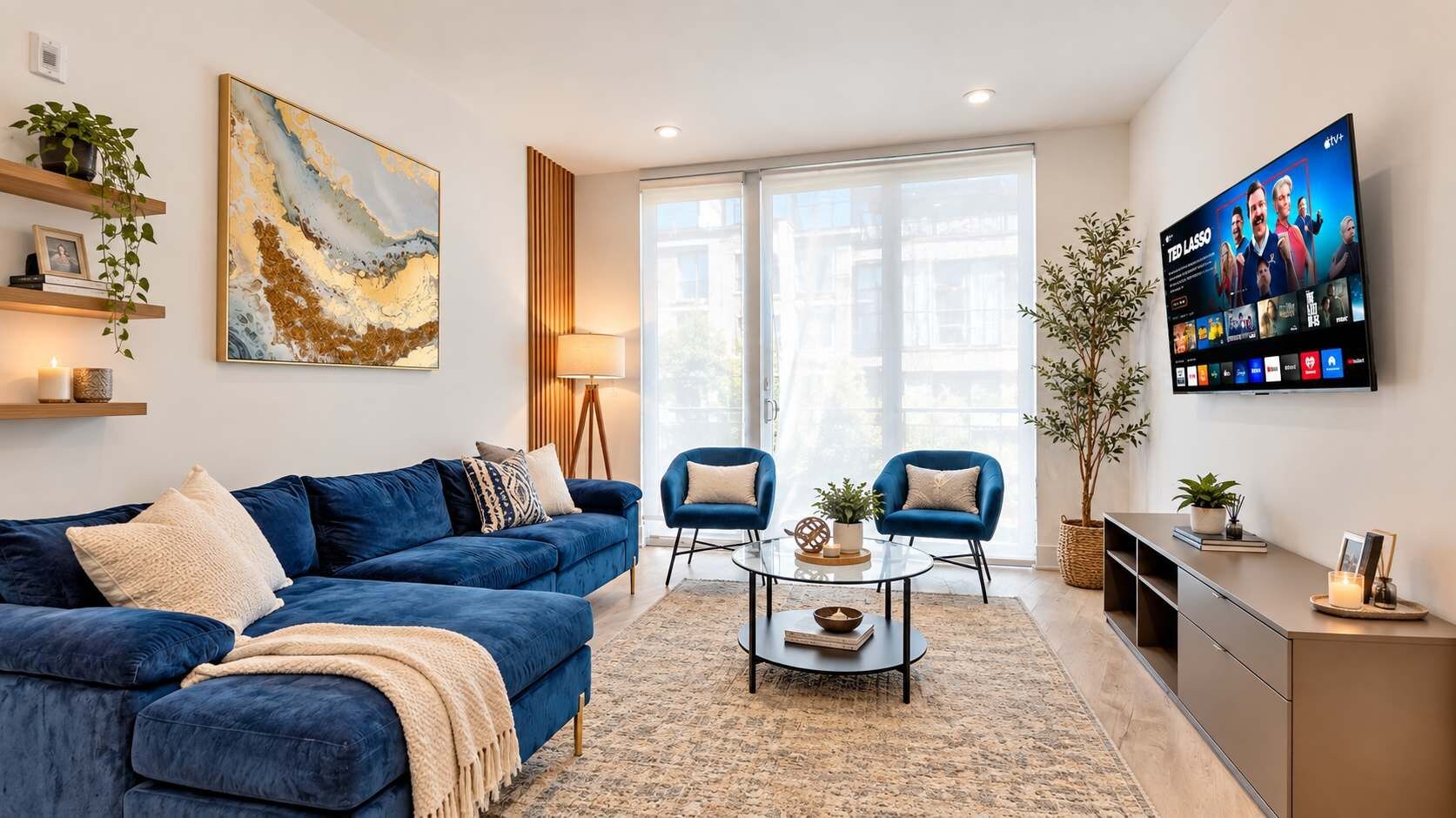 Een moderne woonkamer met een blauwe bank, een salontafel en een aan de muur bevestigde televisie.