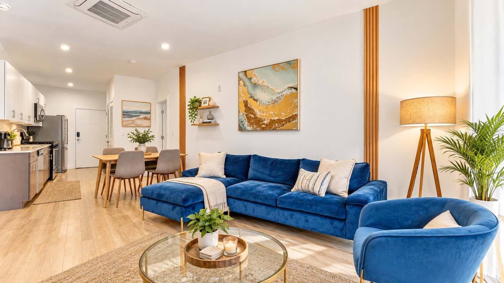 Una sala de estar moderna con un sofá azul, una mesa de centro y un comedor con sillas.
