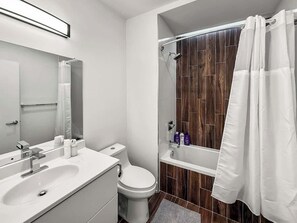 Shower, hair dryer, shampoo