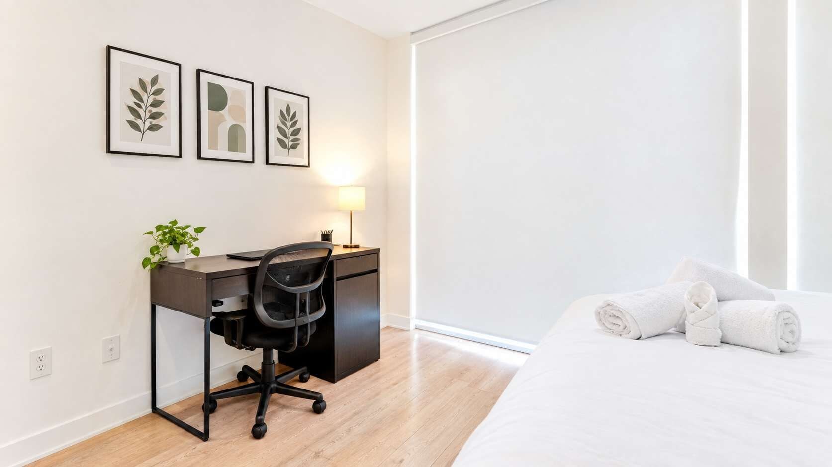 A hotel room with a bed, a desk with a chair, a lamp, and framed artwork on the wall.