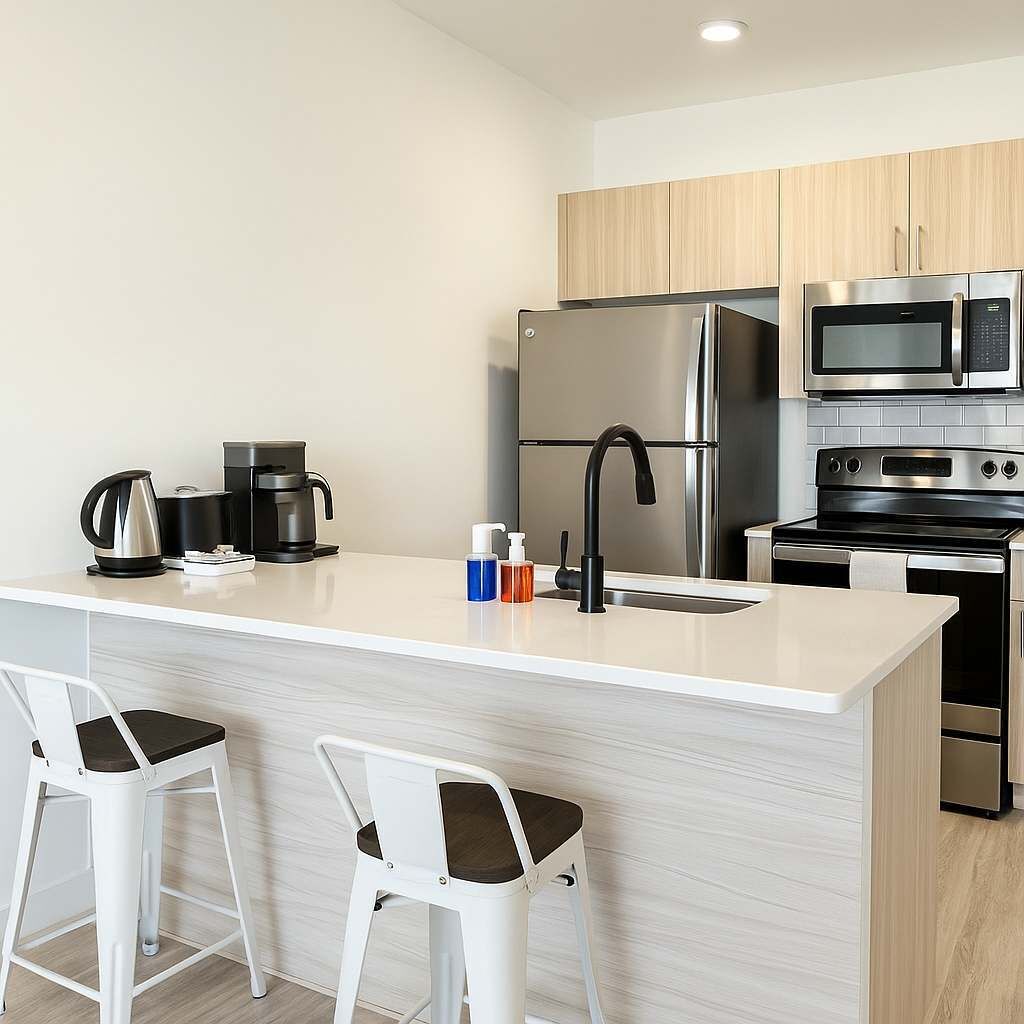 Coffee/tea maker, fridge, microwave, oven