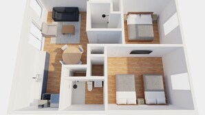 Plano de planta en 3D de un apartamento moderno con sala de estar, cocina, dos dormitorios y un baño.