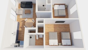 A 3D floor plan of a modern apartment with a living area, kitchen, two bedrooms, and a bathroom.